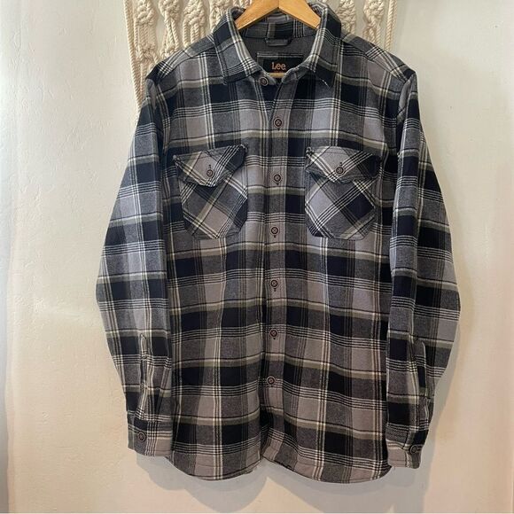 Lee Men's Thick Heavy Shirt SZ Large Flannel Shacket Button Up Black & Gray - Picture 1 of 9